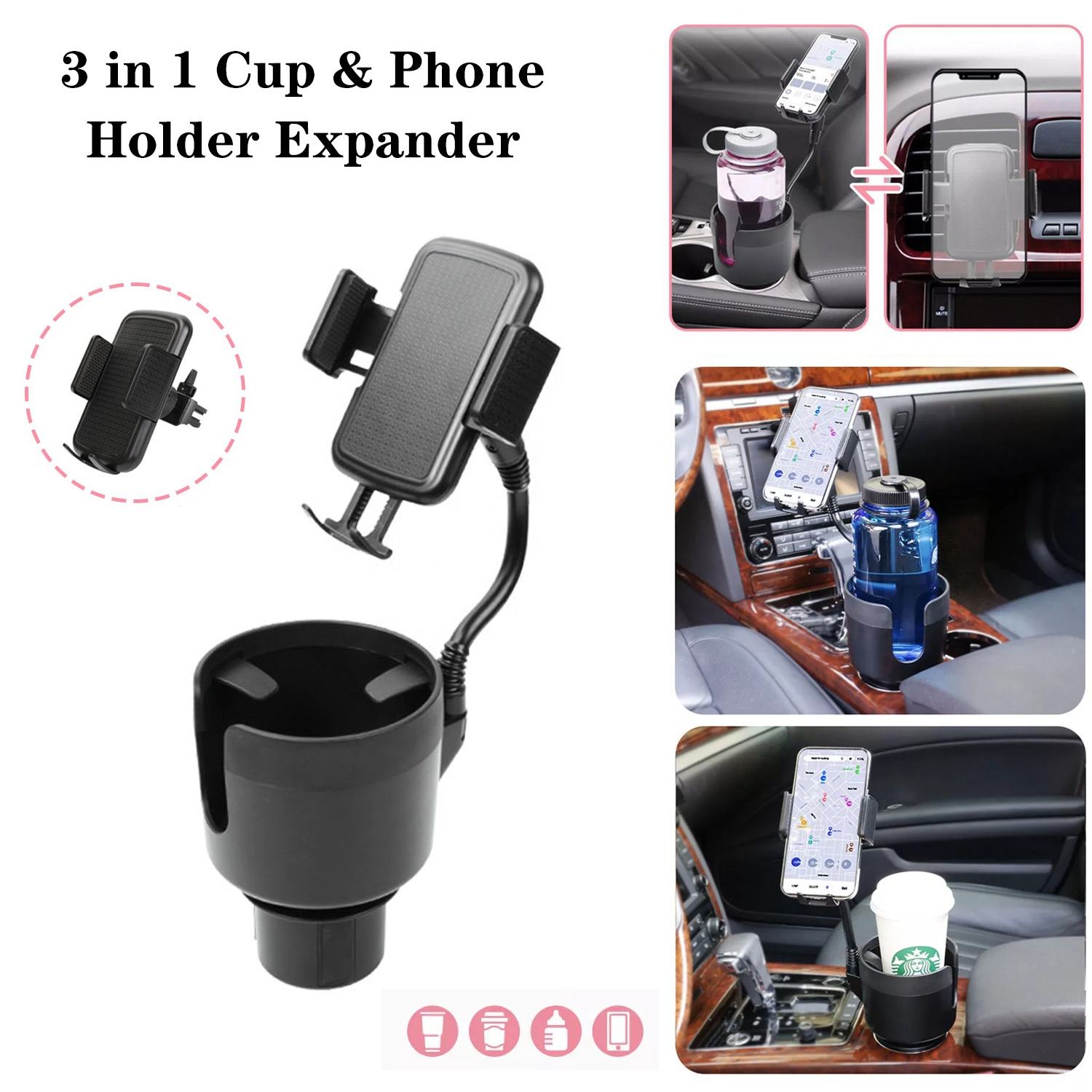 Keynew 3-in-1 Multifunctio<i></i>nal Car Cup Holder Expander with Phone Holder - Universal Car Accessories